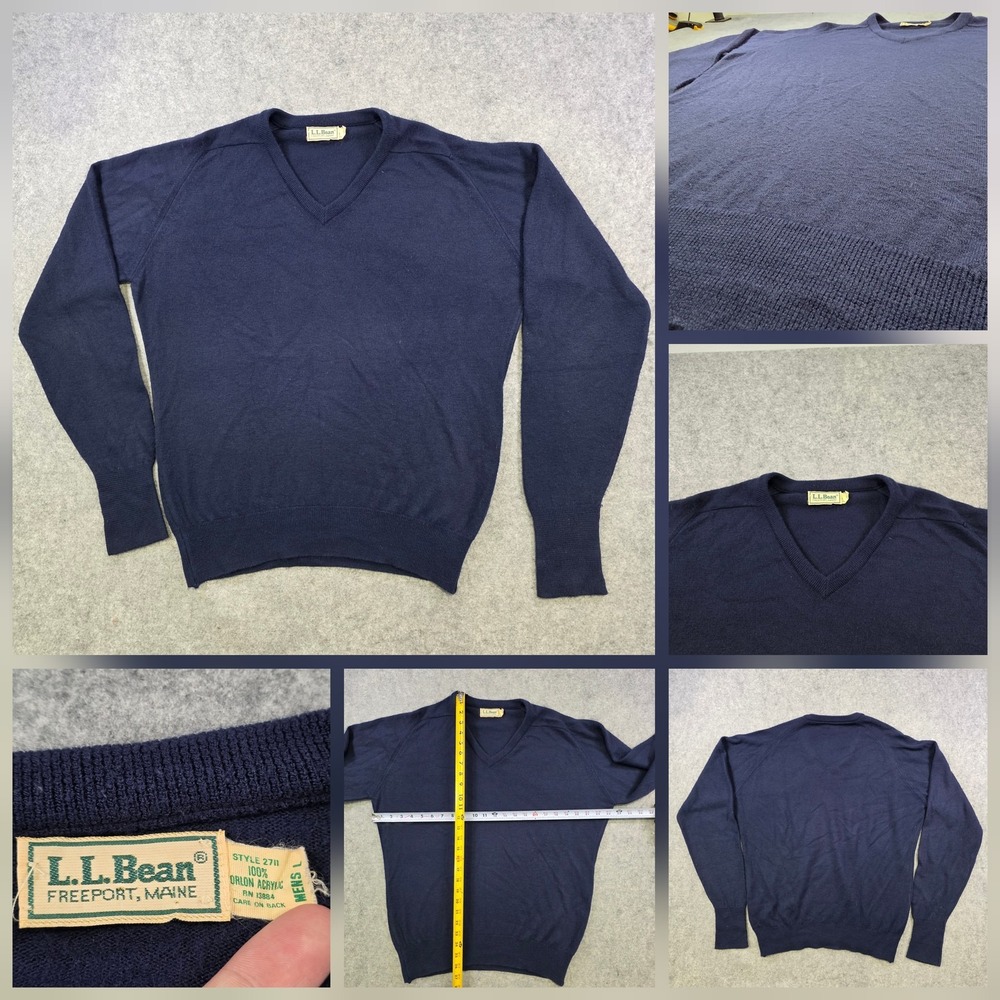 Vintage LL Bean Sweater Mens Large Blue Acrylic V Neck Knit Pullover Warm Jumper